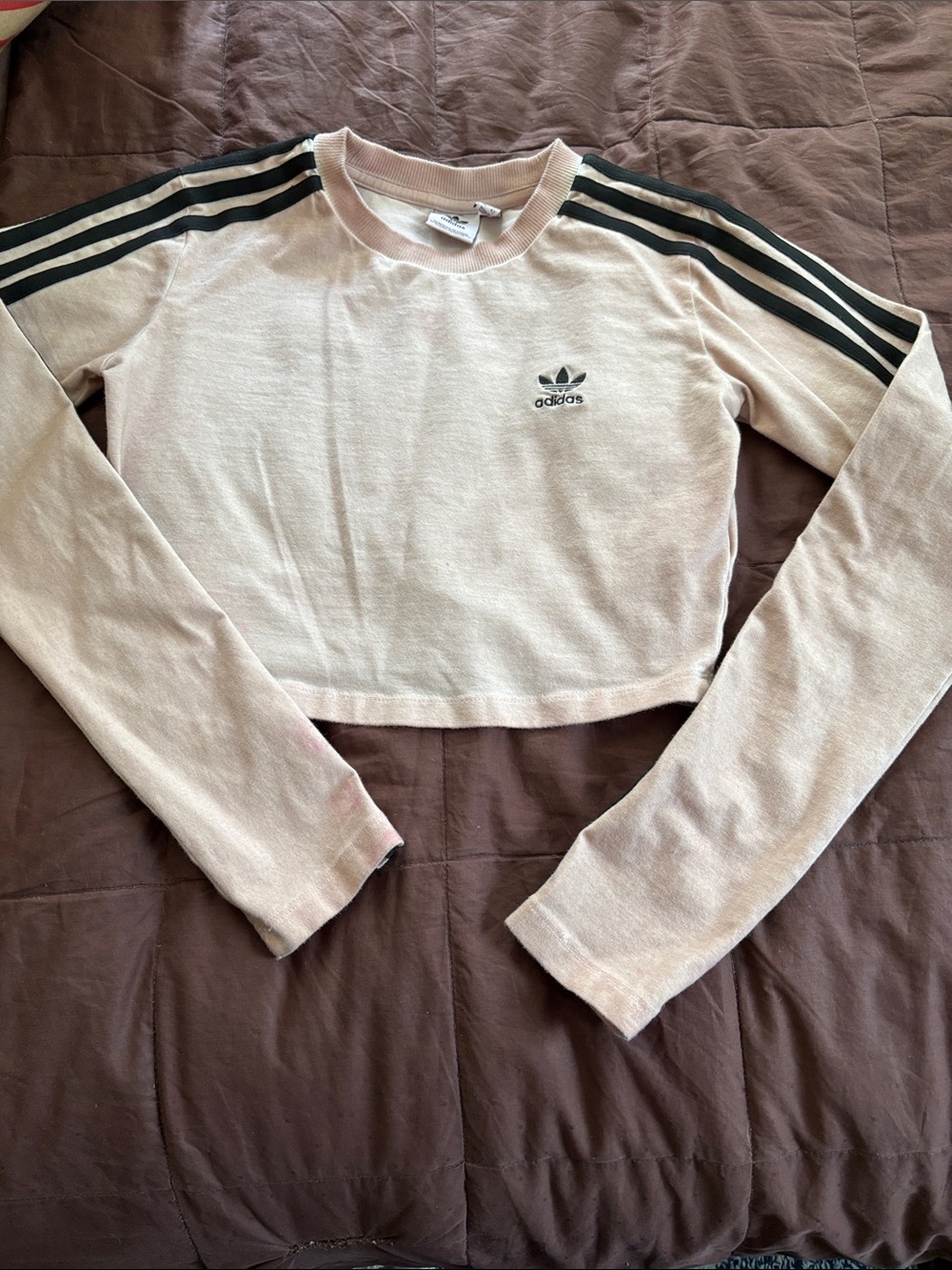 adidas Light Pink Cropped Long-Sleeve Top with Black Stripes